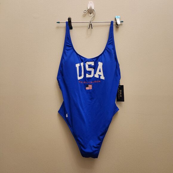 Ralph Lauren Polo Women's Blue One Piece Tank Swimsuit American Flag USA Sz M - Picture 1 of 9